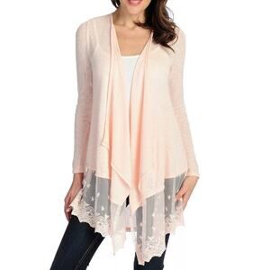Kate & Mallory Pink Stretch Knit Long Sleeved Lace Trimmed Cardigan